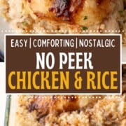 chicken pieces in creamy rice in a casserole dish.