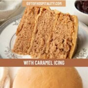 slice of kentucky jam cake topped with a caramel icing.