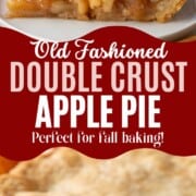 whole and sliced apple pie, topped with vanilla ice cream.