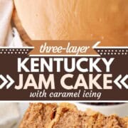 sliced and whole kentucky jam cake with a caramel icing on top.