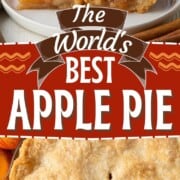 whole and sliced apple pie topped with vanilla ice cream.