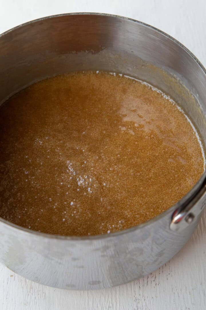 caramel mixture in a saucepan.
