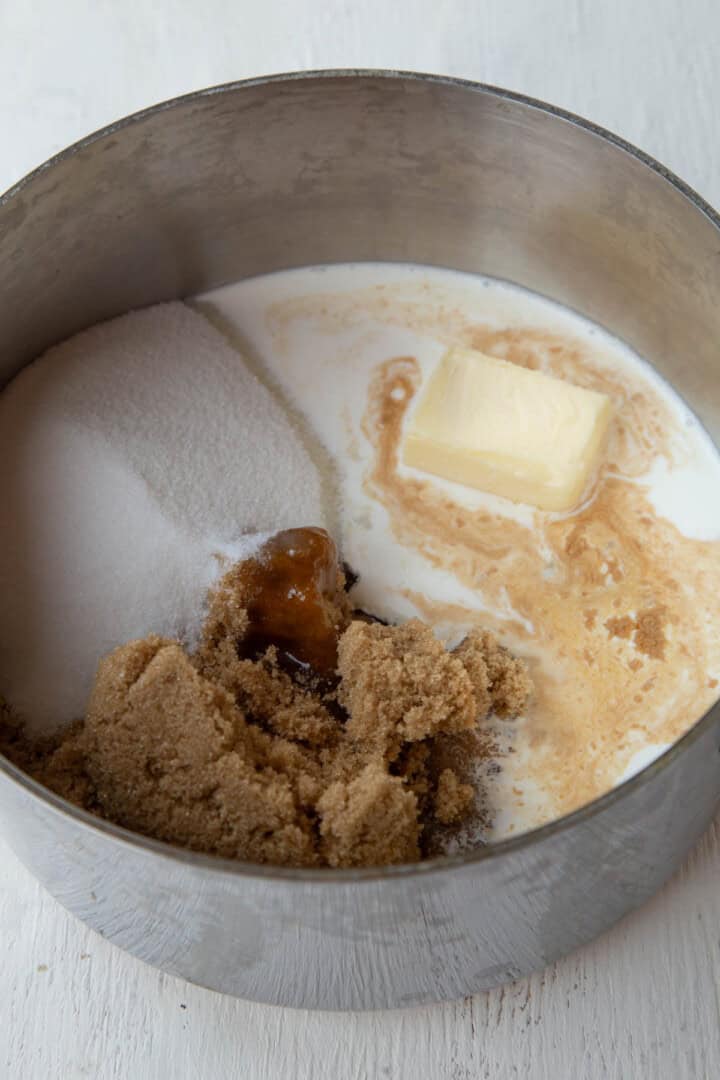 brown sugar, butter, cream, and other ingredients in a saucepan.