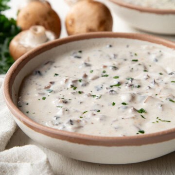 bowl with creamy mushroom soup filled with little pieces of mushrooms.