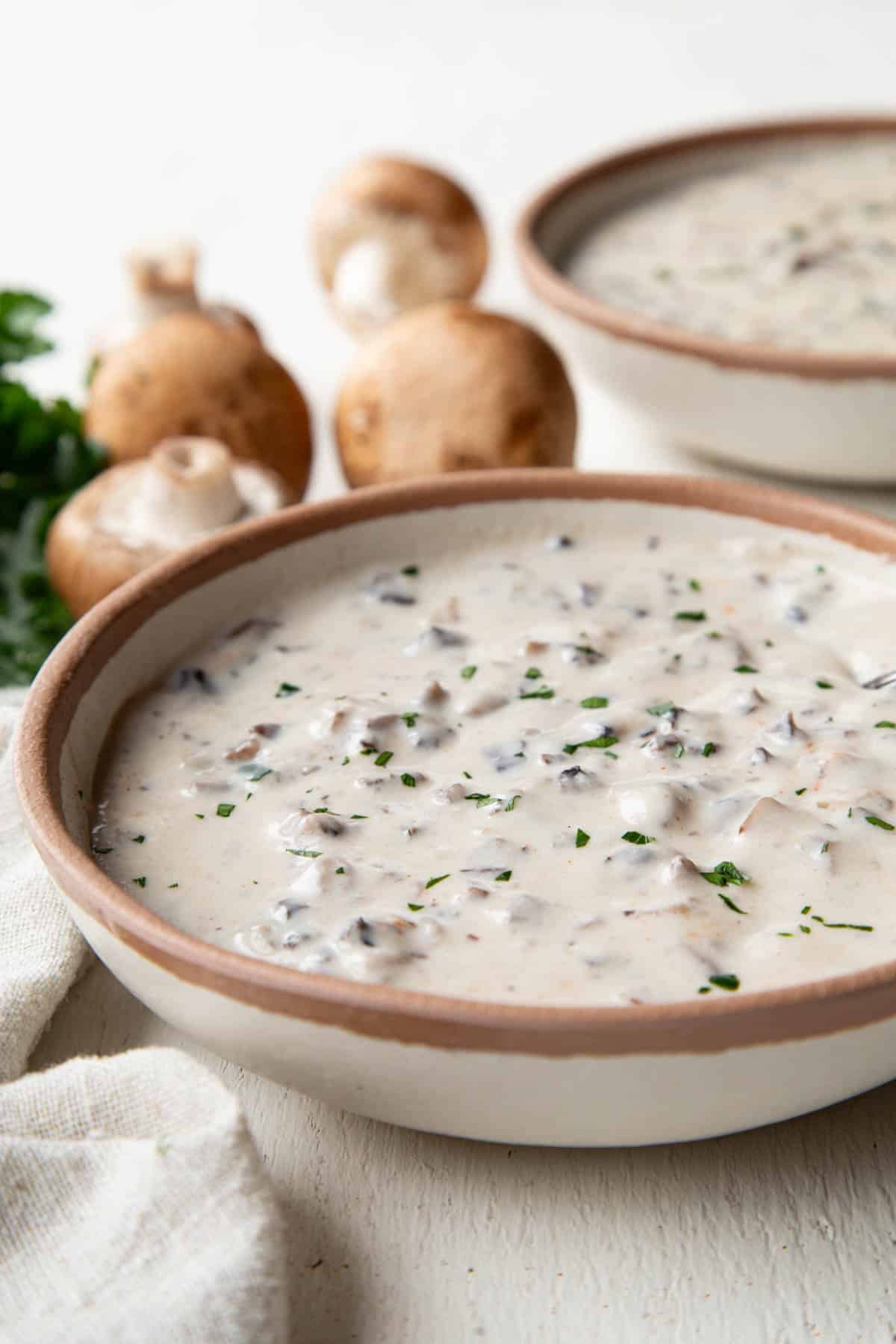 bowl filled with creamy mushroom soup with mushroom pieces and chopped parsley on top.