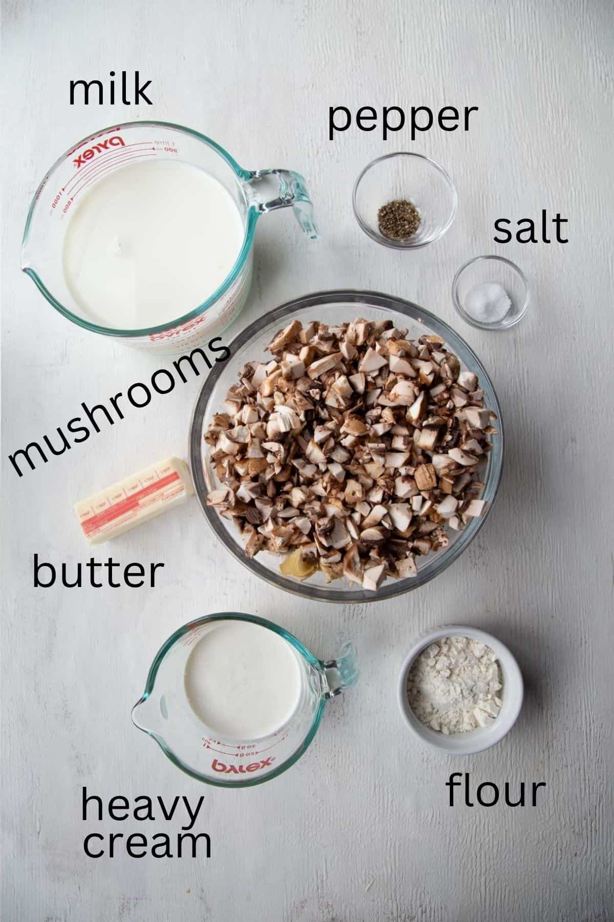 chopped mushrooms, milk, cream, butter, flour, salt, and pepper.
