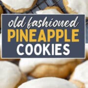 soft, round cookies with pineapple inside on a wire rack, topped with a white vanilla icing.