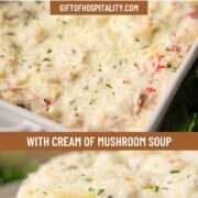 turkey tetrazzini with spaghetti, turkey pieces, and chopped pimentos in a creamy sauce, topped with melted cheese.