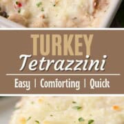 slice of turkey tetrazzini with spaghetti, turkey pieces, and chopped pimentos in a creamy sauce, topped with melted cheese.