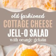 slice of fluffy, creamy gelatin salad with mandarin oranges inside and on top.