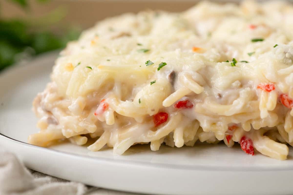 spaghetti, pimentos, and turkey in a creamy sauce, covered with melted cheese.
