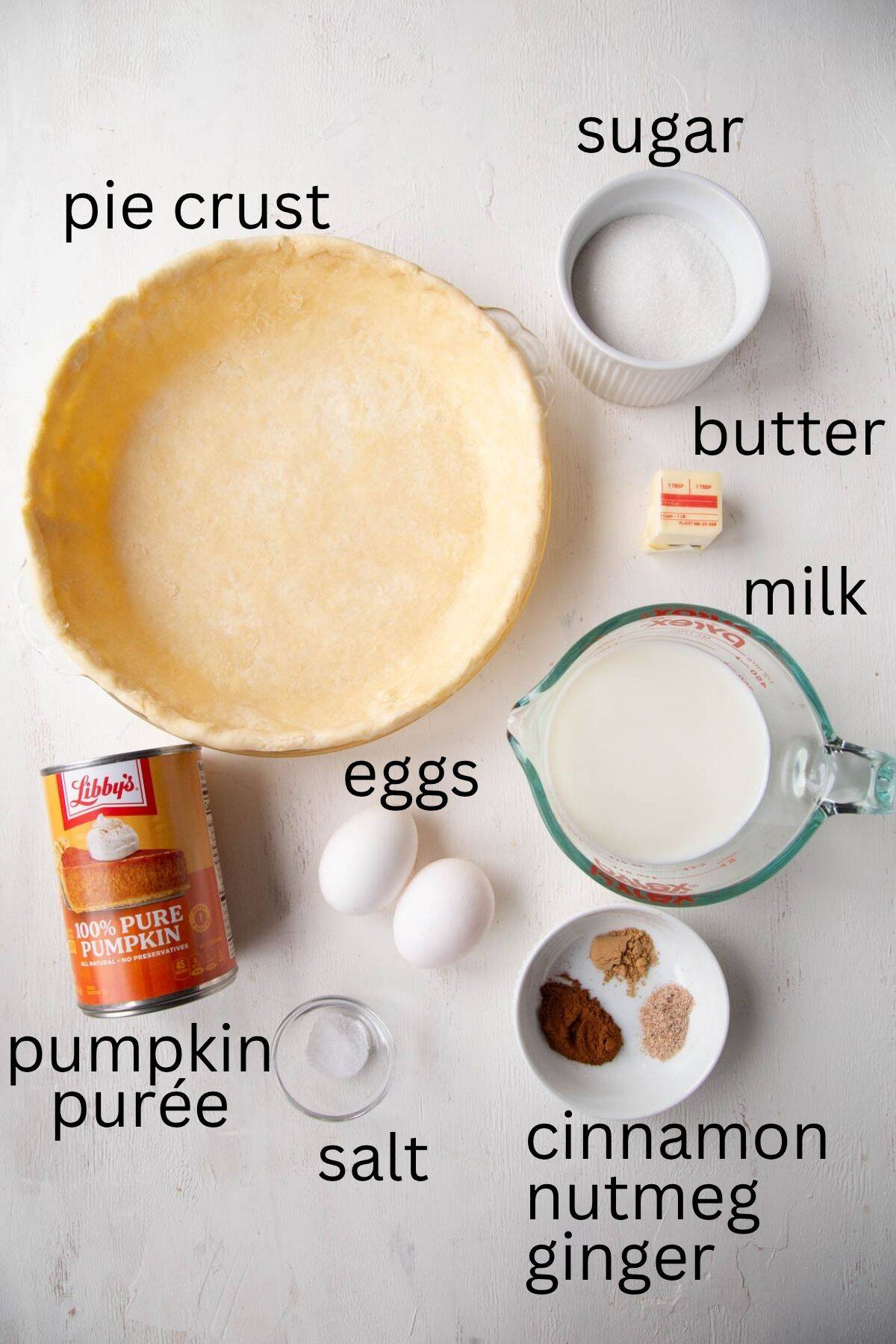 pie crust, can of pumpkin, sugar, eggs, and other ingredients.