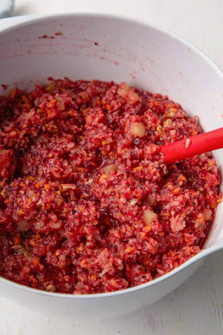 finely chopped cranberries mixed with chopped pecans and pineapple.