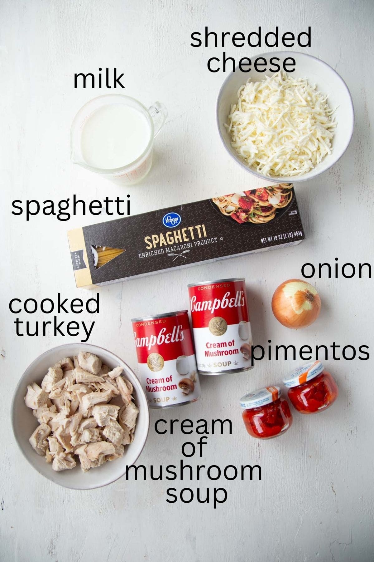 turkey, spaghetti, cream of mushroom soup, and other tetrazzini ingredients.