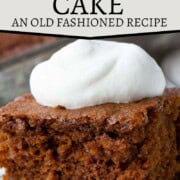 slice of gingerbread cake topped with whipped cream.