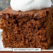 slice of gingerbread cake topped with whipped cream.