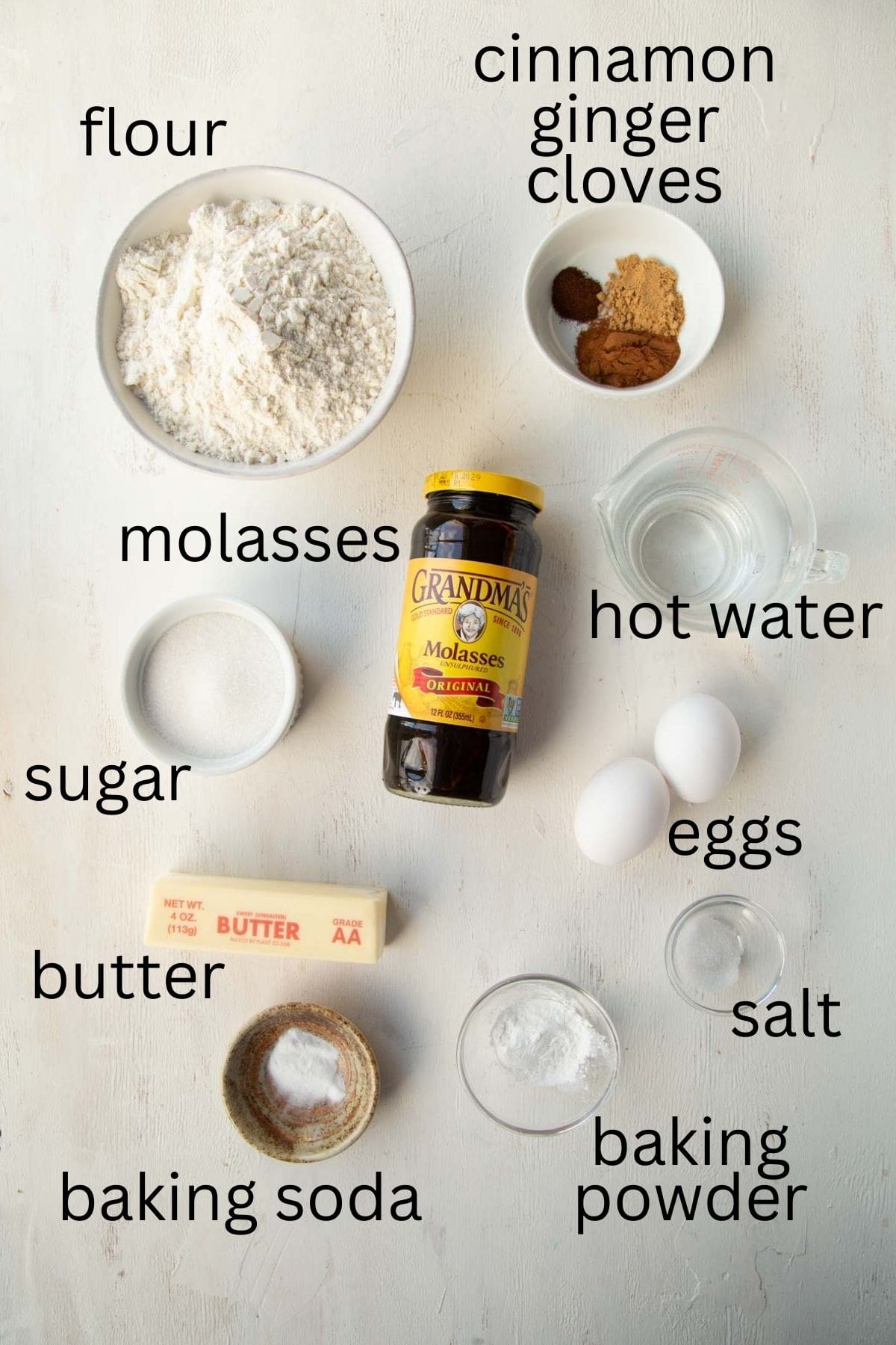 molasses, flour, eggs, butter, and other gingerbread cake ingredients.