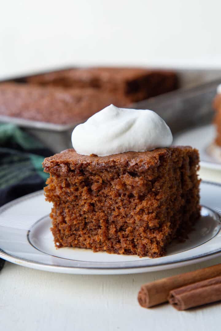 slice of gingerbread cake topped with whipped cream.