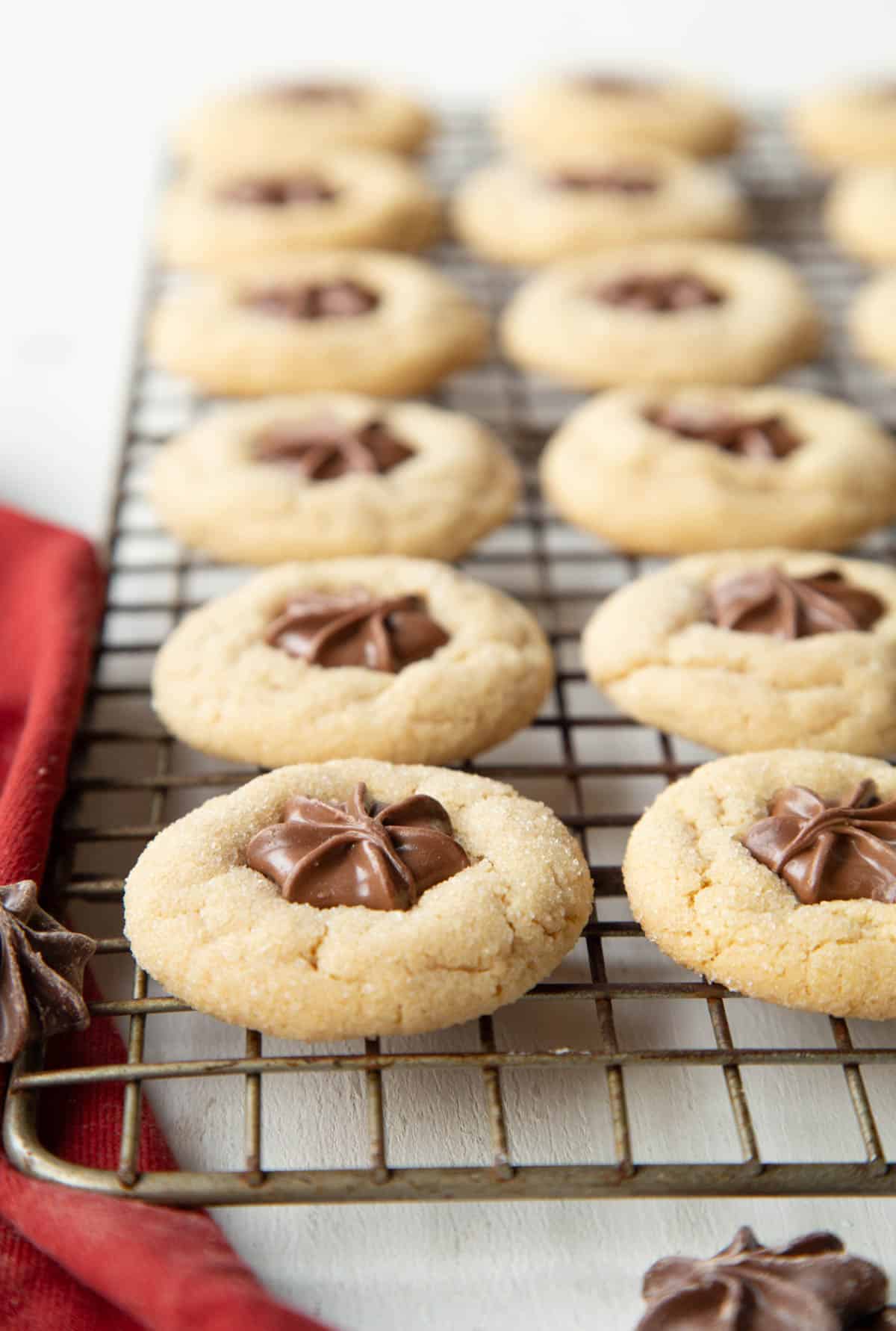 rows of peanut butter blossom cookies on a wire rack, with a chocolate star in the center of each one.