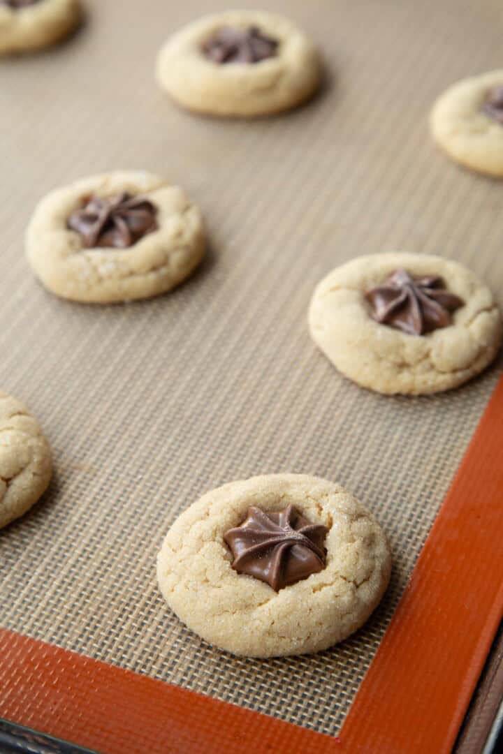 baked peanut butter cookies on a baking sheet, each topped with a chocolate star.
