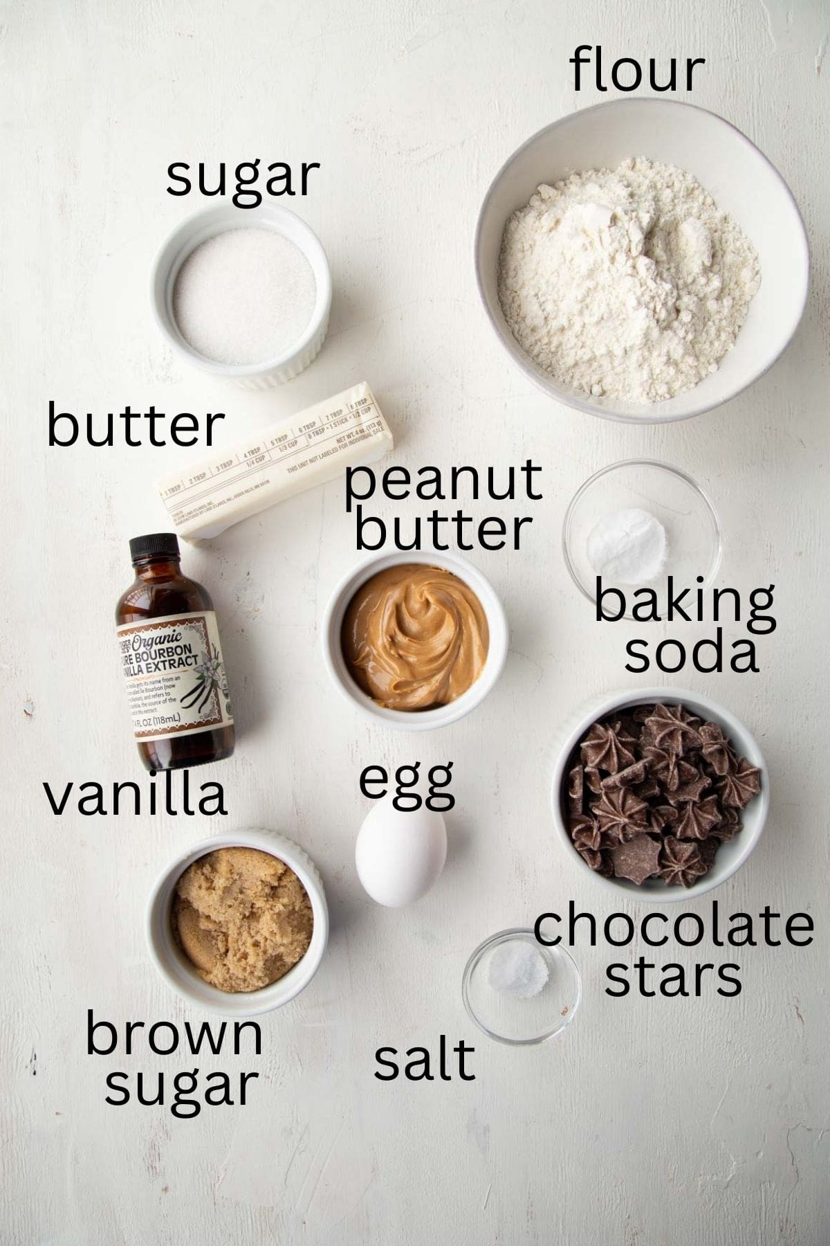 flour, sugar, peanut butter, and more ingredients.