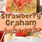 yellow cake with strawberry jello poking through, topped with whipped topping, graham cracker crumbs, and a strawberry.