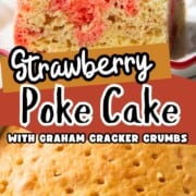 yellow cake with strawberry jello poking through, topped with whipped topping, graham cracker crumbs, and a strawberry.