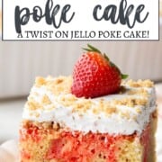 Delicious strawberry graham poke cake with whipped topping and fresh strawberry garnish.