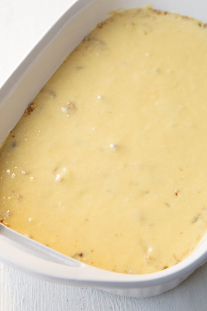 cake batter in a baking dish.