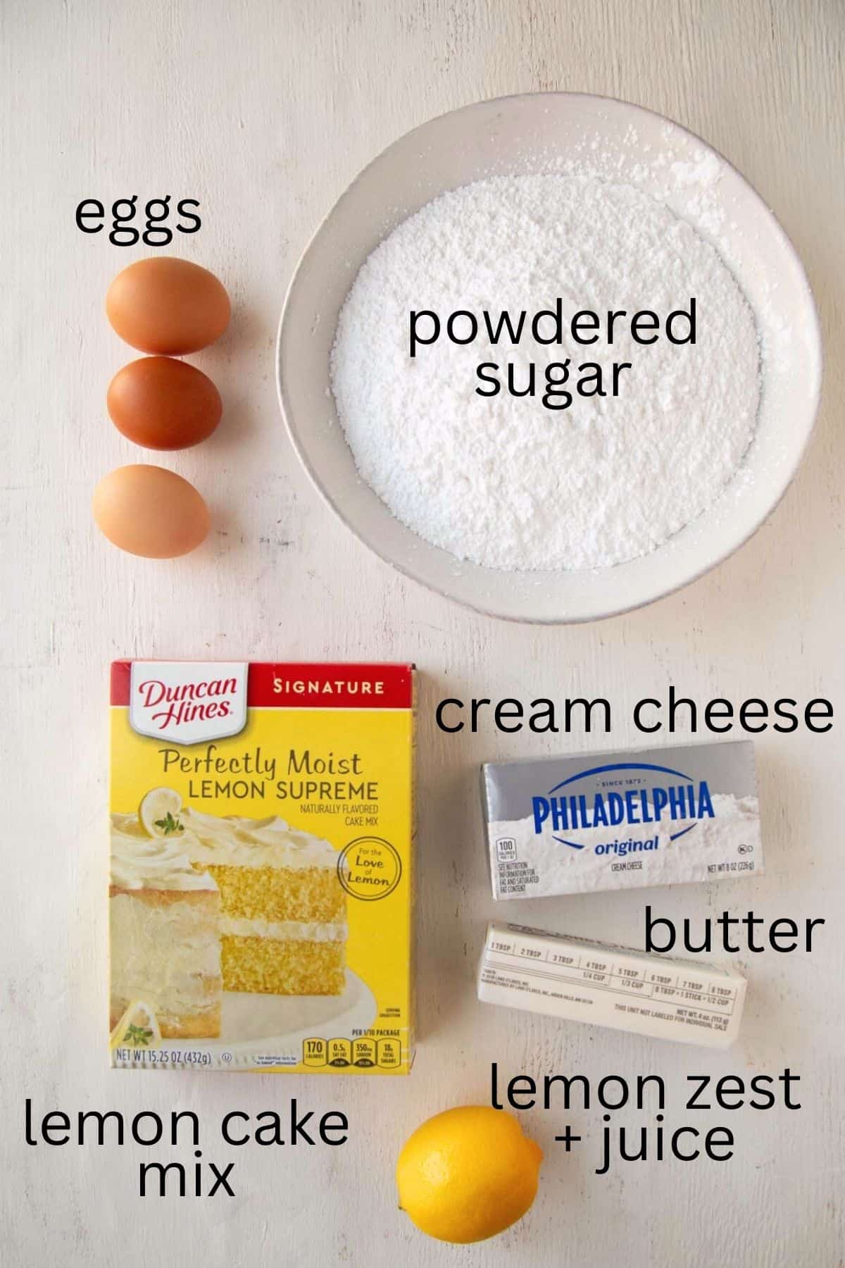 lemon cake mix, cream cheese, powdered sugar, and other ingredients.