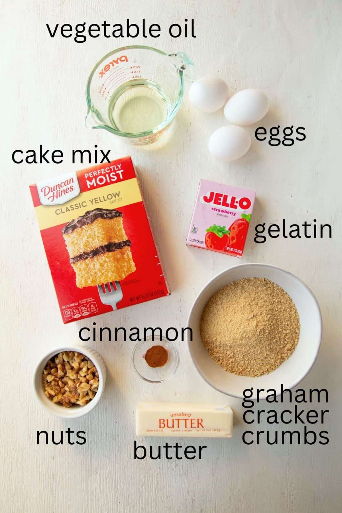 jello, cake mix, graham cracker crumbs, and other ingredients.