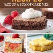a slice of butterscotch cake, two slices of chocolate cake, a slice of pineapple cake, and a slice of yellow cake with red strawberry filling.