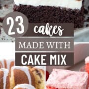 a slice of chocolate cake, a slice of pink strawberry cake, and a slice of bundt cake with pecans inside.