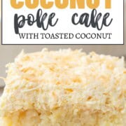 slice of yellow cake with bits of pineapple inside, topped with a fluffy frosting and toasted coconut.