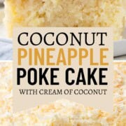 inside of a pineapple coconut poke cake topped with a fluffy frosting and toasted coconut.