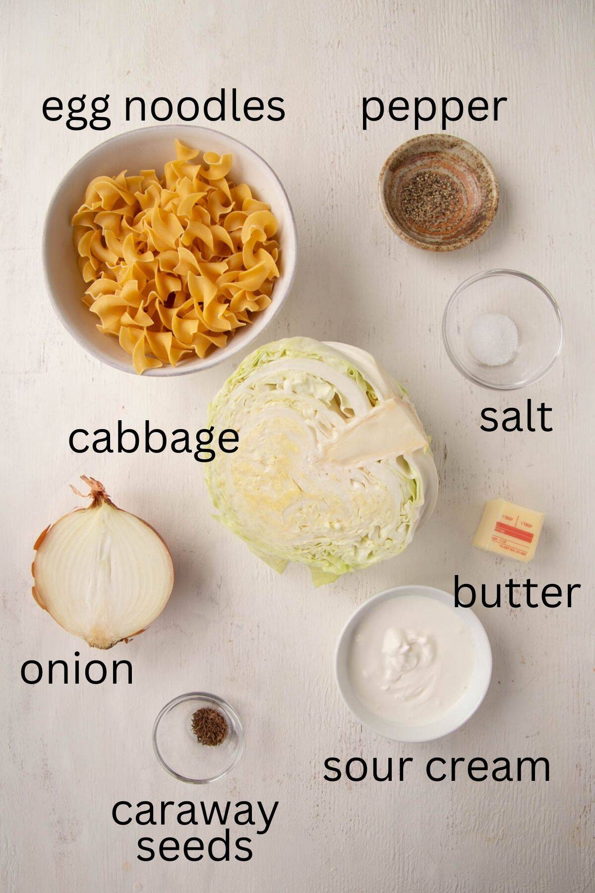 cabbage, egg noodles, sour cream, butter, and other ingredients.