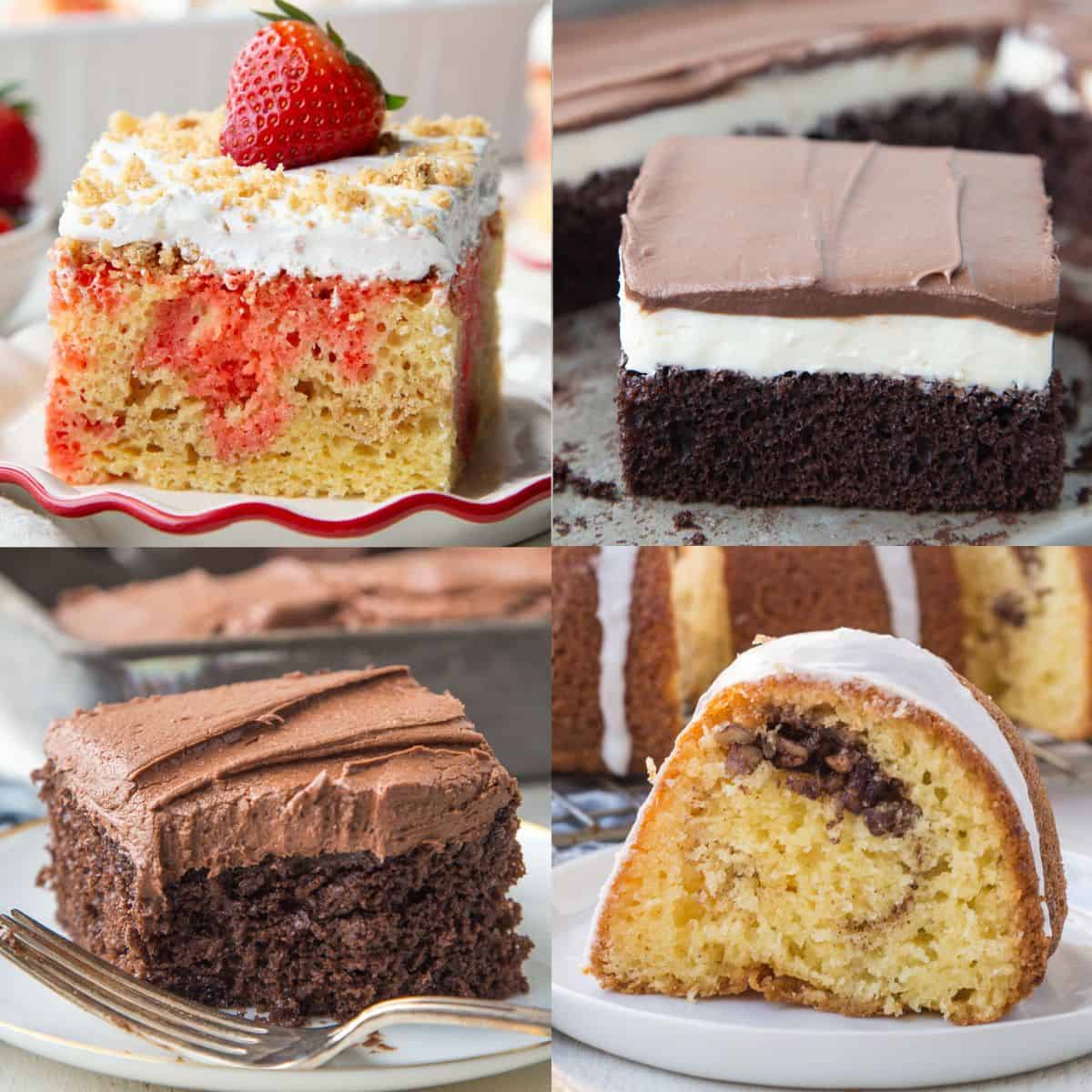 four different slices of cake, including chocolate cake, ding dong cake, a bundt cake, and a slice of cake with strawberry jello filling and whipped cream.