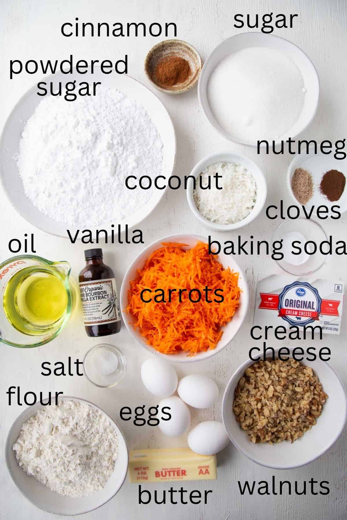 shredded carrots, coconut, flour, butter, eggs, and other ingredients.