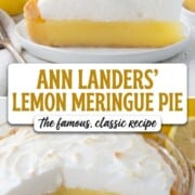 inside of and a slice of lemon meringue pie with a yellow lemon layer and a fluffy meringue on top.
