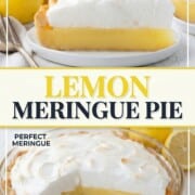 inside of and a slice of lemon meringue pie with a yellow lemon layer and a fluffy meringue on top.