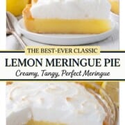 inside of and a slice of lemon meringue pie with a yellow lemon layer and a fluffy meringue on top.