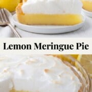 inside of and a slice of lemon meringue pie with a yellow lemon layer and a fluffy meringue on top.