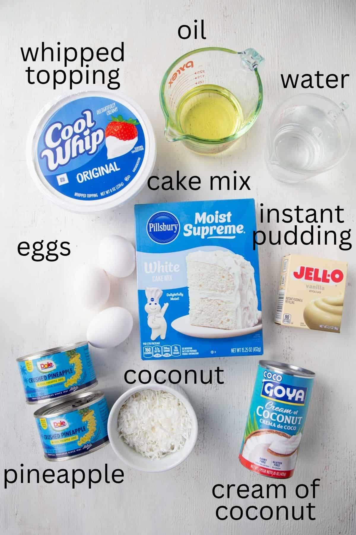 cake mix, canned pineapple, cream of coconut, and other ingredients.