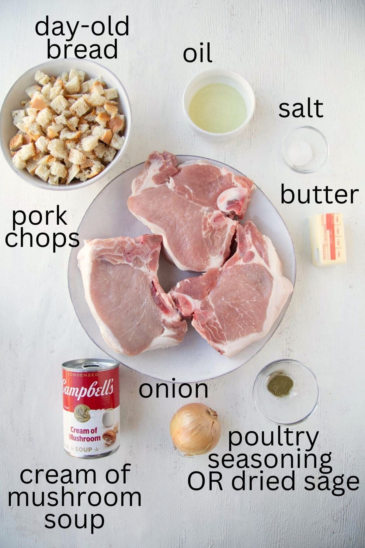 pork chops, bread cubes, cream of mushroom soup, and other ingredients.