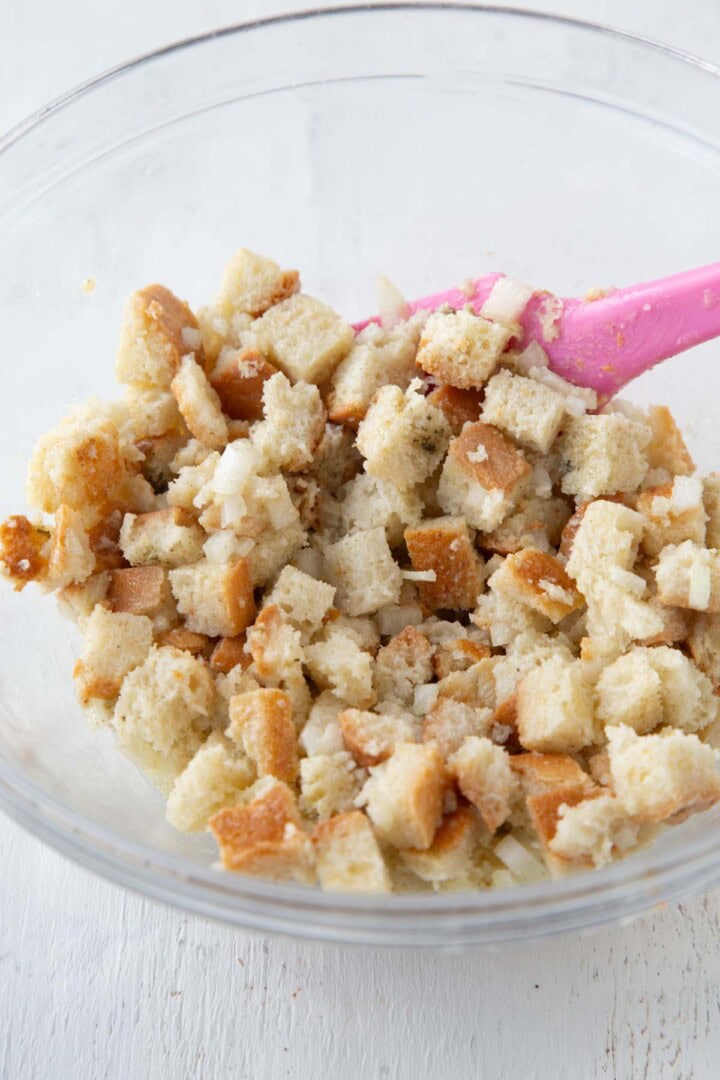 bread cubes in a glass bowl.