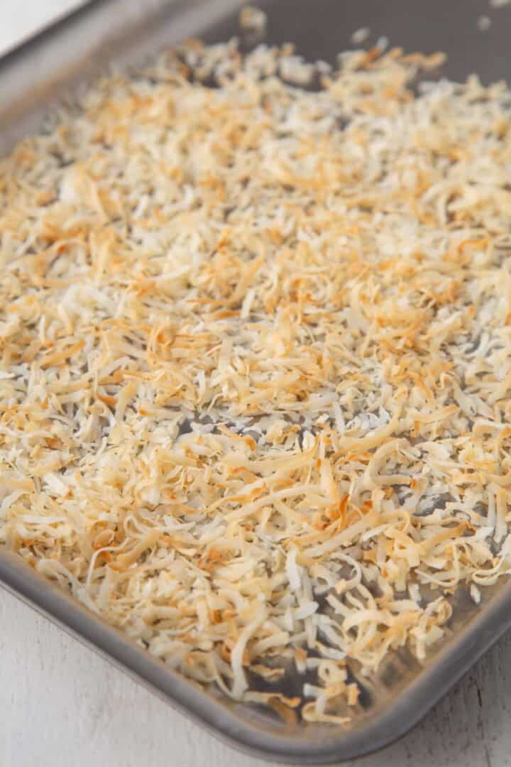 toasted coconut on a sheet pan.