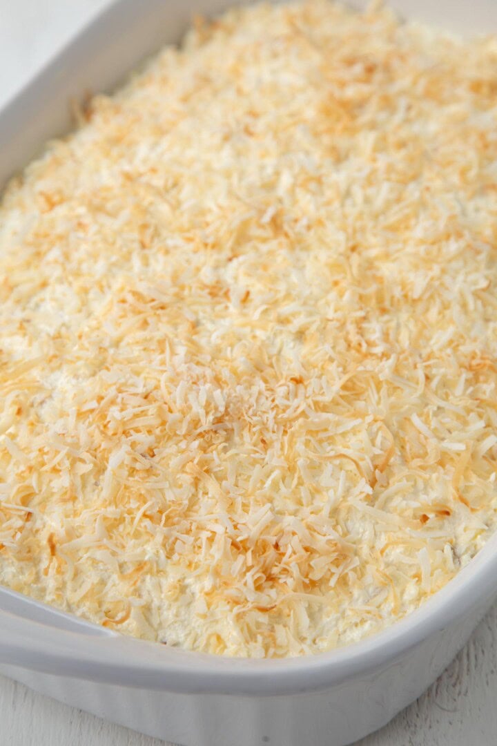 toasted coconut on top of a cake in a baking dish.