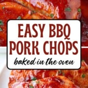 pork chops topped with bbq sauce in a baking dish and on a serving platter.