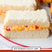 pimento cheese on white bread, cut into rectangles.
