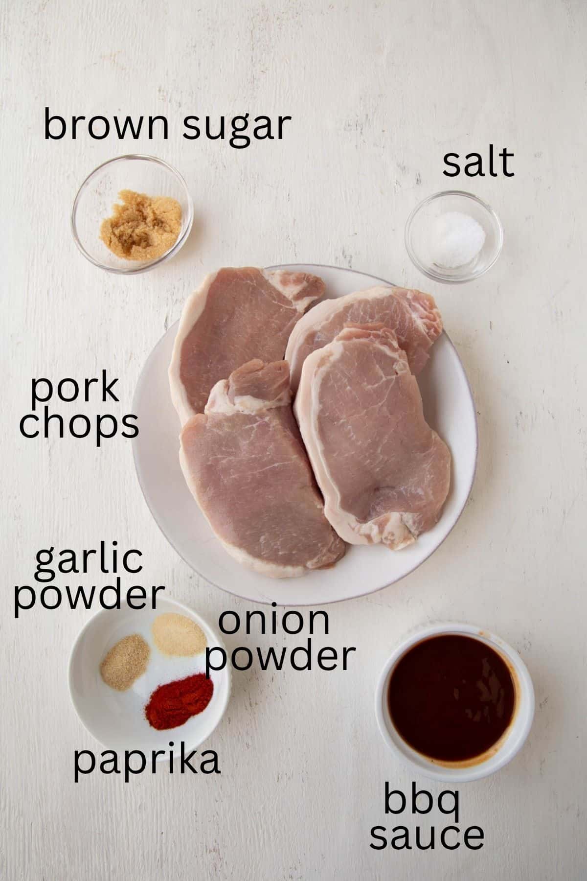 pork chops, bbq sauce, brown sugar, and spices.